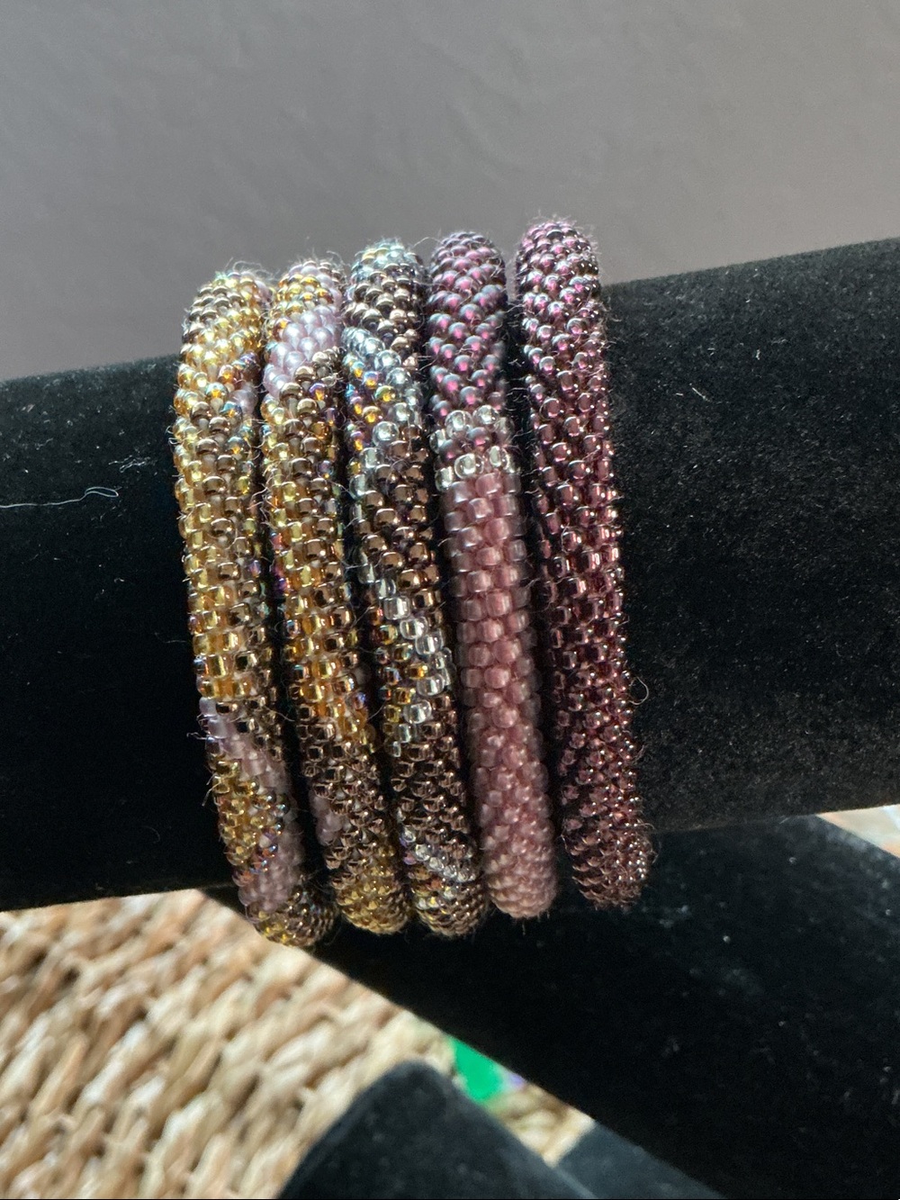 Sasha Beaded Stretch Bracelet Stack in Gold and dark Purple #2